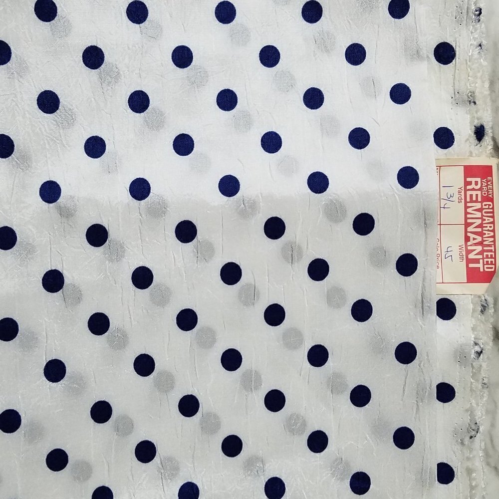 Vintage Polyester Fabric Polka Dots  White Navy 1 3/4 Yards 45" Wide  Material